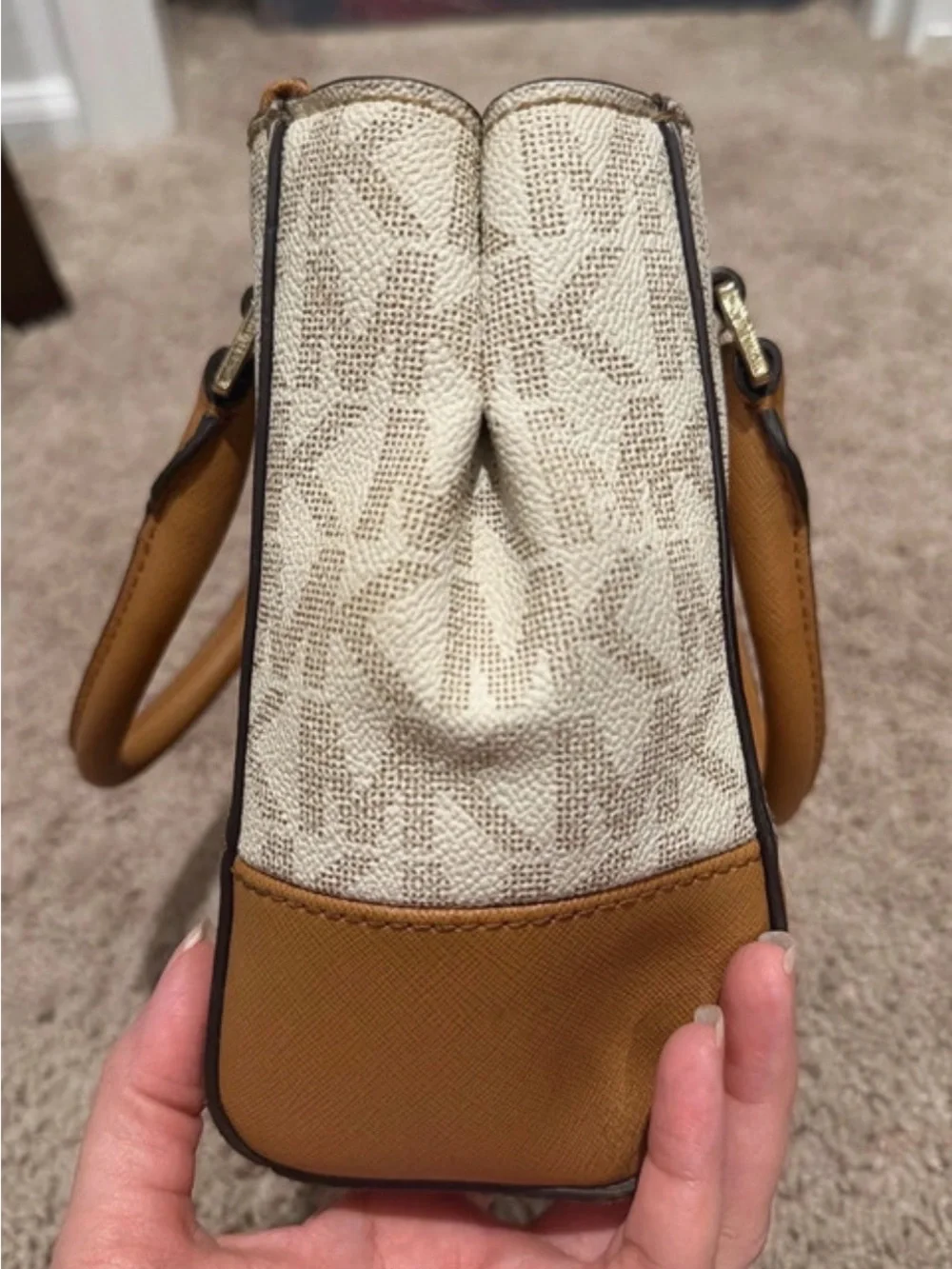 Michael Kors Cream Logo Canvas Satchel with Brown Trim